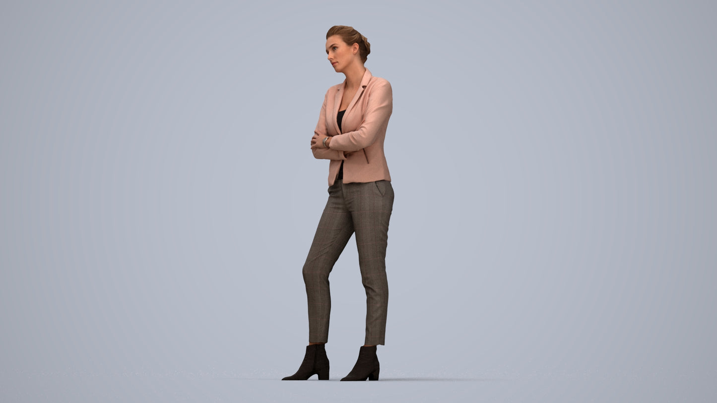 3D human model woman business, photogrammetry scanned person for archviz, top-down view render