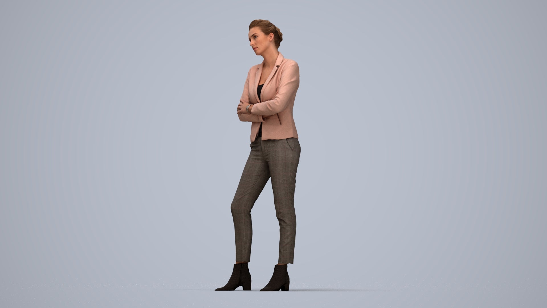 3D human model woman business, photogrammetry scanned person for archviz, top-down view render