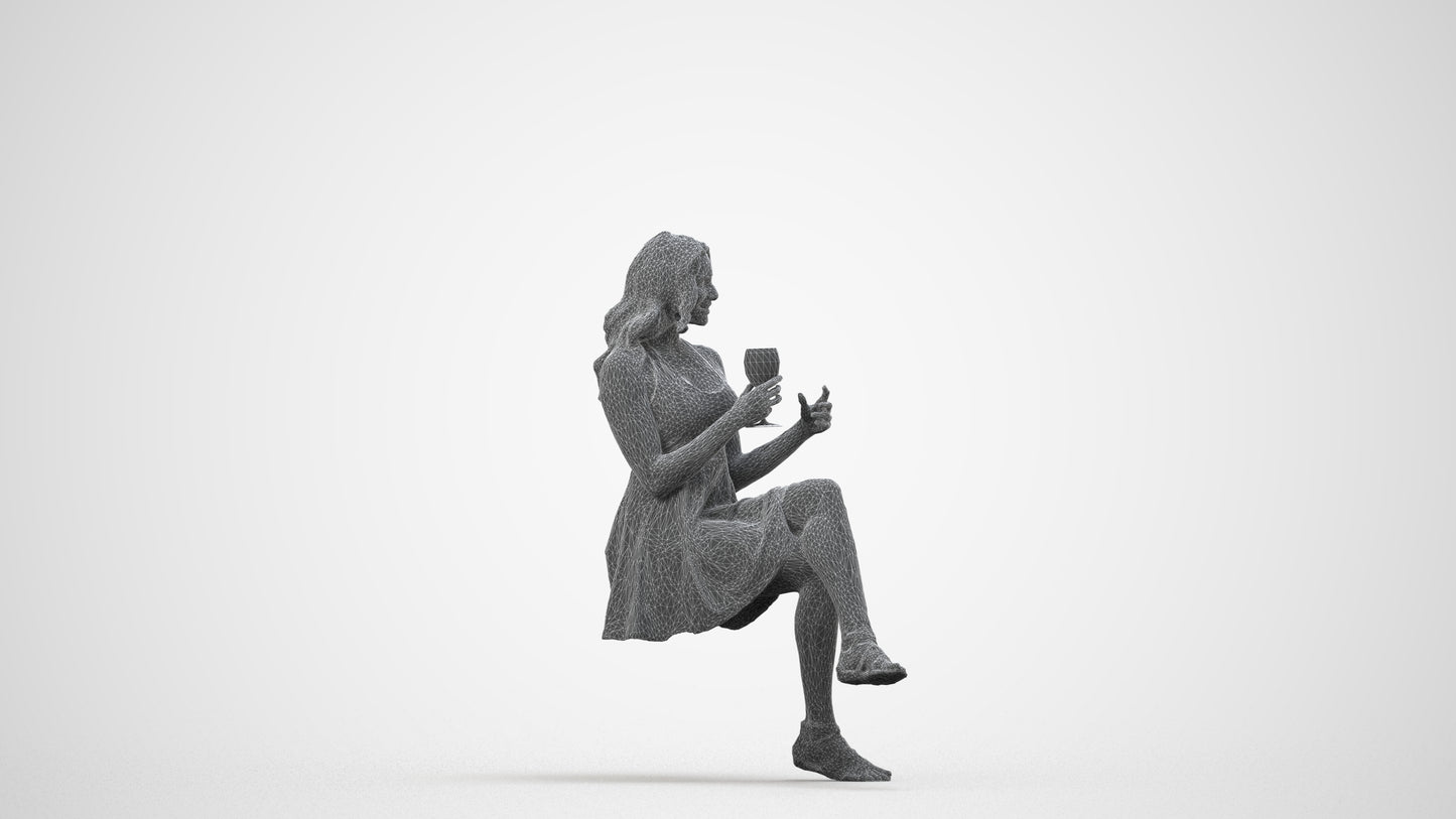 scanned 3D woman sitting, photogrammetry people for Enscape and V-Ray, wireframe side view