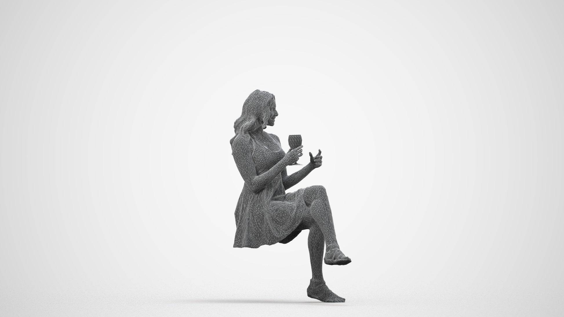 scanned 3D woman sitting, photogrammetry people for Enscape and V-Ray, wireframe side view