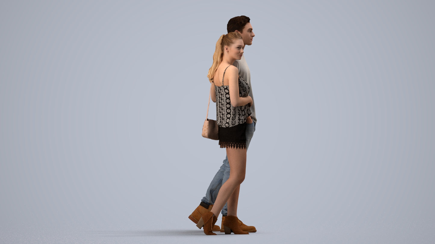 realistic 3D people woman casual couple, render-ready for V-Ray and Corona, FBX OBJ, side view render