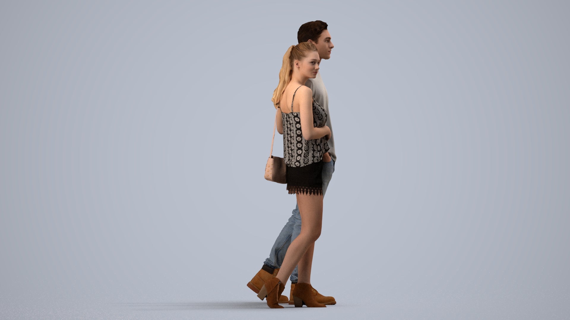 realistic 3D people woman casual couple, render-ready for V-Ray and Corona, FBX OBJ, side view render