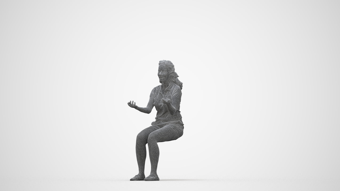 3D human model woman casual sitting, photogrammetry scanned person for archviz, wireframe back view