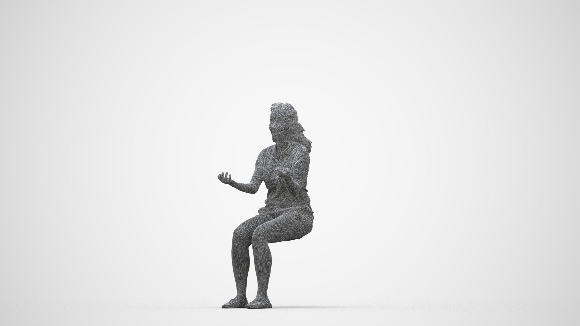 3D human model woman casual sitting, photogrammetry scanned person for archviz, wireframe back view