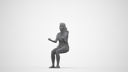 3D human model woman casual sitting, photogrammetry scanned person for archviz, wireframe back view