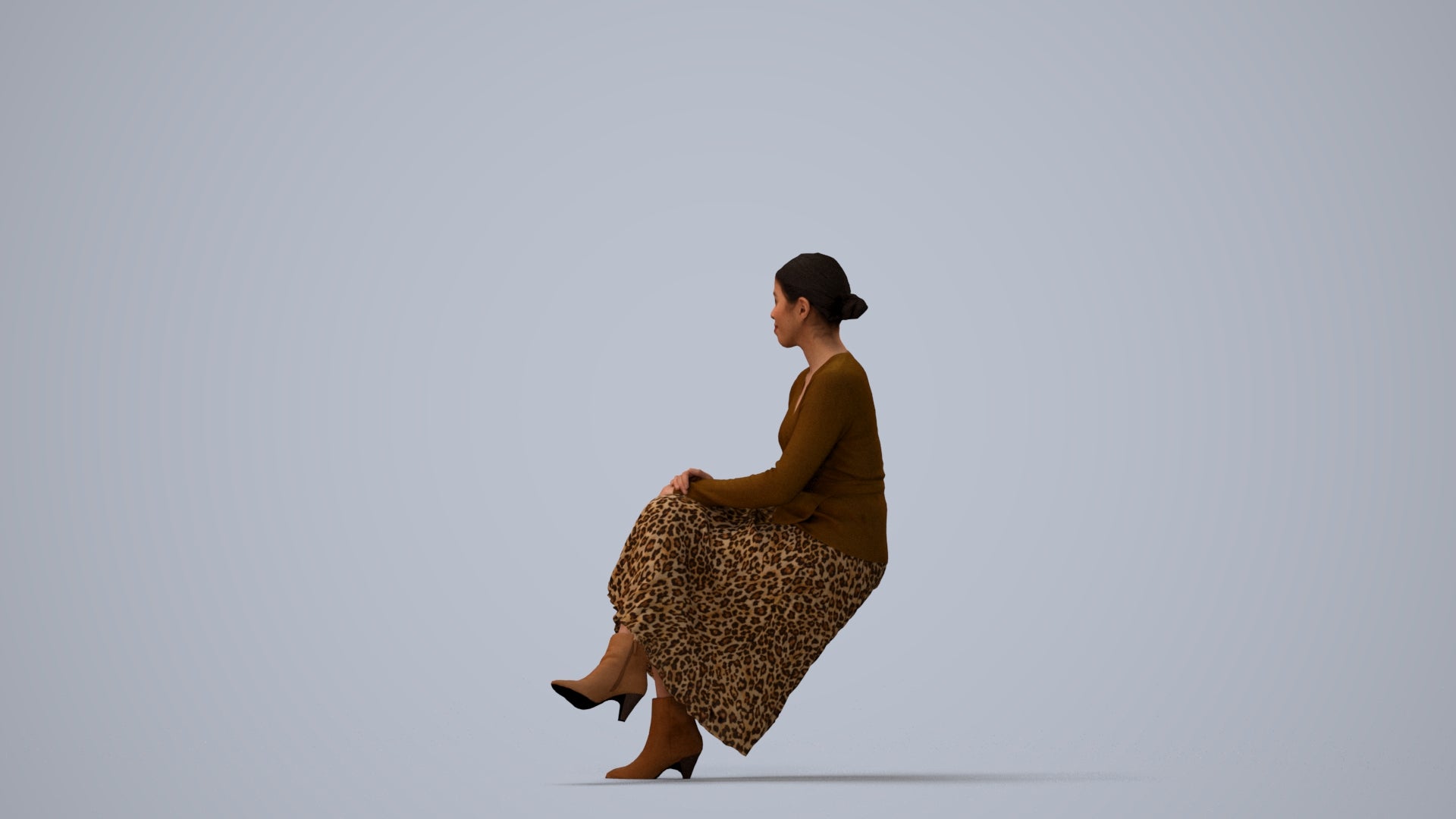 photogrammetry 3D woman casual sitting, realistic human model archviz FBX, three-quarter view render