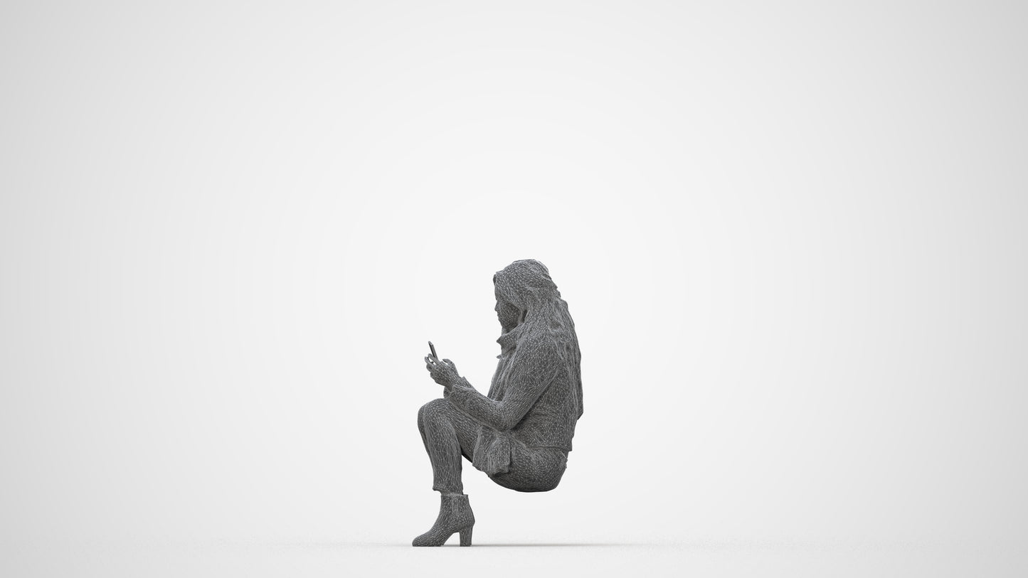 photogrammetry 3D woman casual sitting, realistic human model archviz FBX, wireframe back view