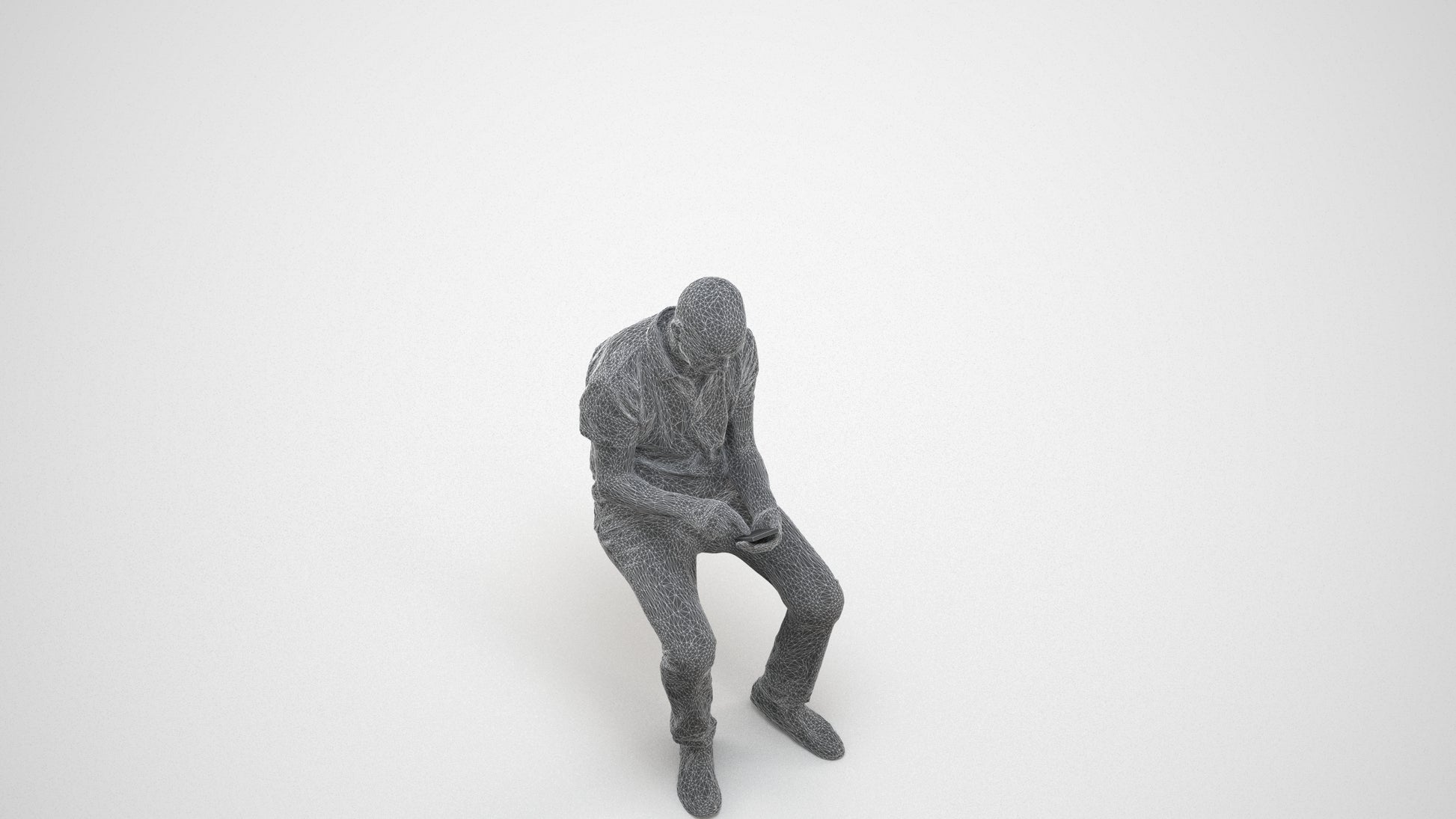 realistic 3D senior man casual sitting, scanned archviz people for Blender and 3ds Max, wireframe three-quarter view