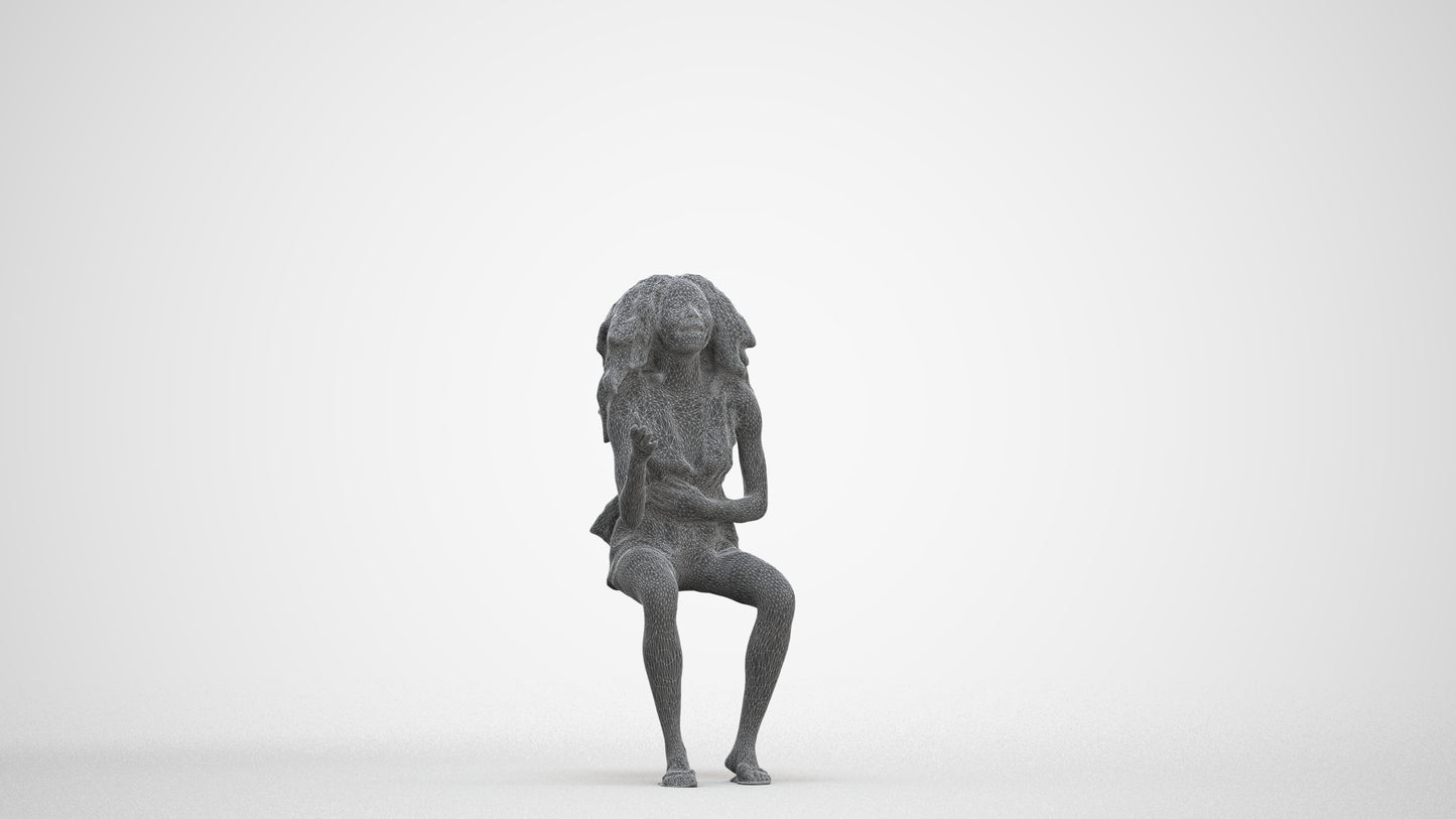 scanned 3D woman casual sitting, photogrammetry people for Enscape and V-Ray, three-quarter front view render