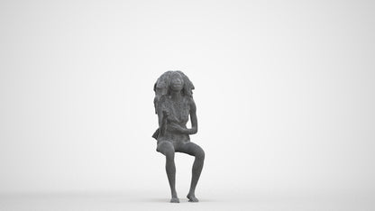 scanned 3D woman casual sitting, photogrammetry people for Enscape and V-Ray, three-quarter front view render