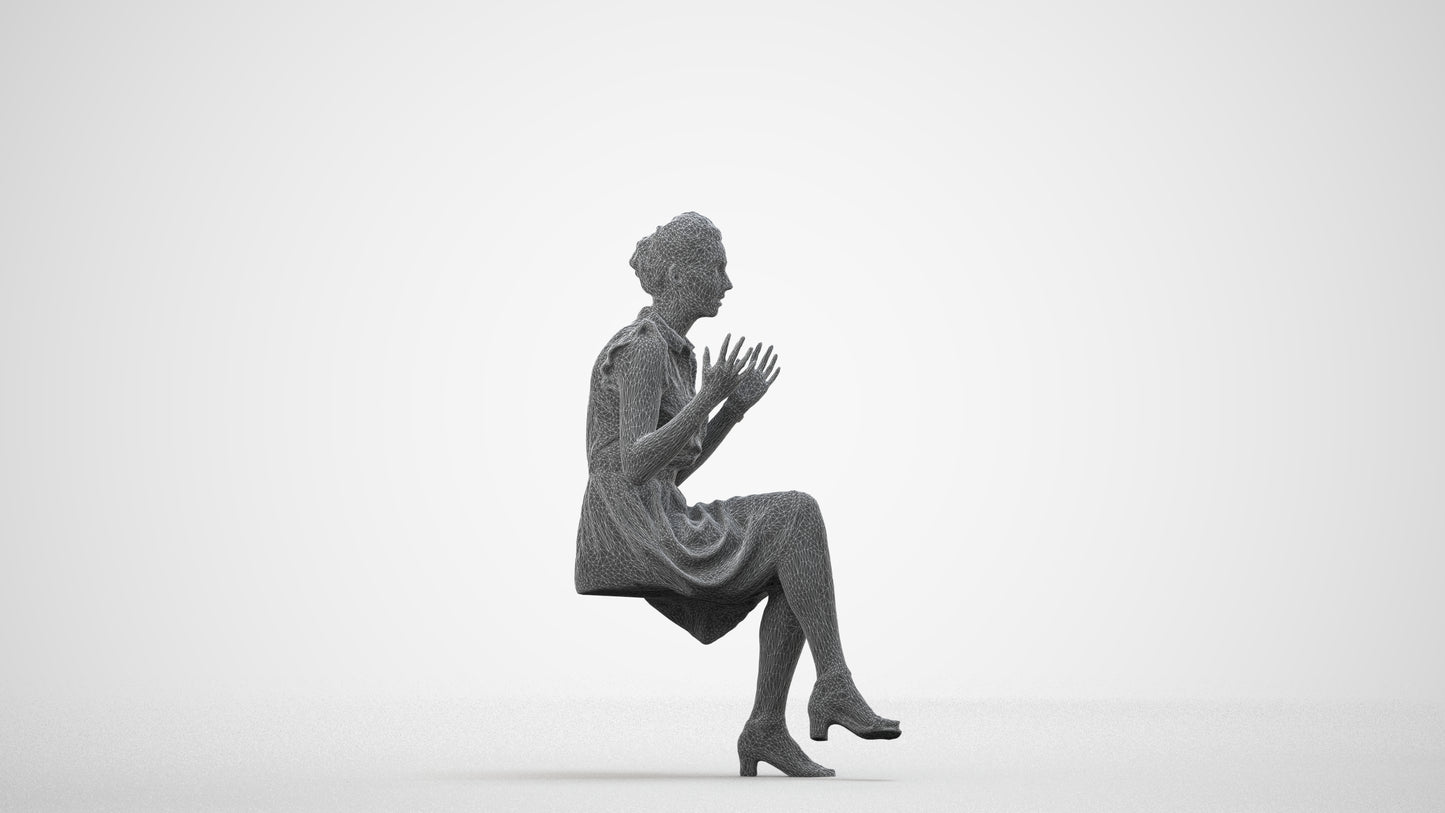 realistic 3D human woman casual sitting, archviz people FBX OBJ for Blender, wireframe side view