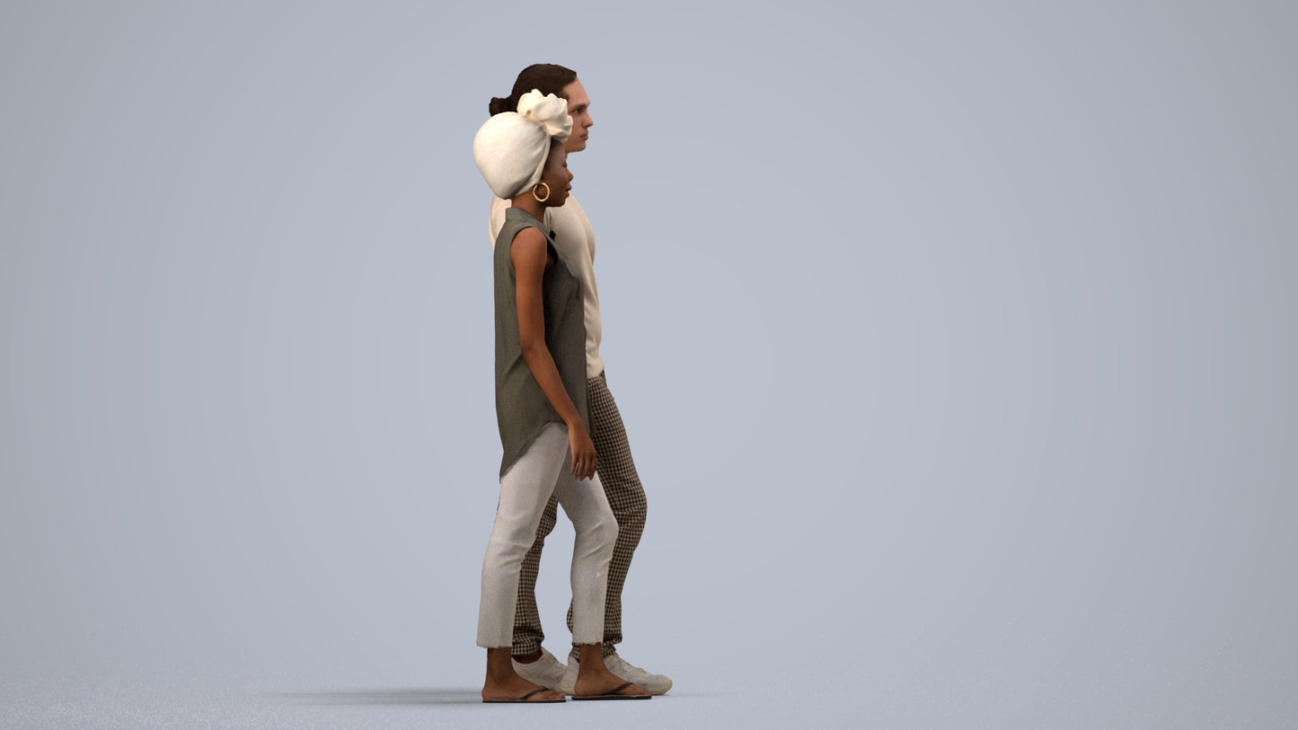 3D human model woman casual couple, photogrammetry scanned person for archviz, side view render