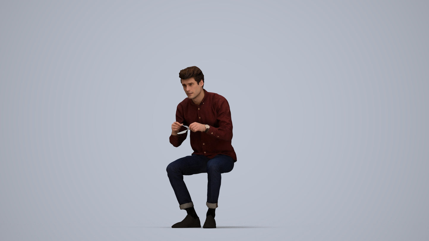 scanned 3D man casual sitting, photogrammetry people for Enscape and V-Ray, top-down view render