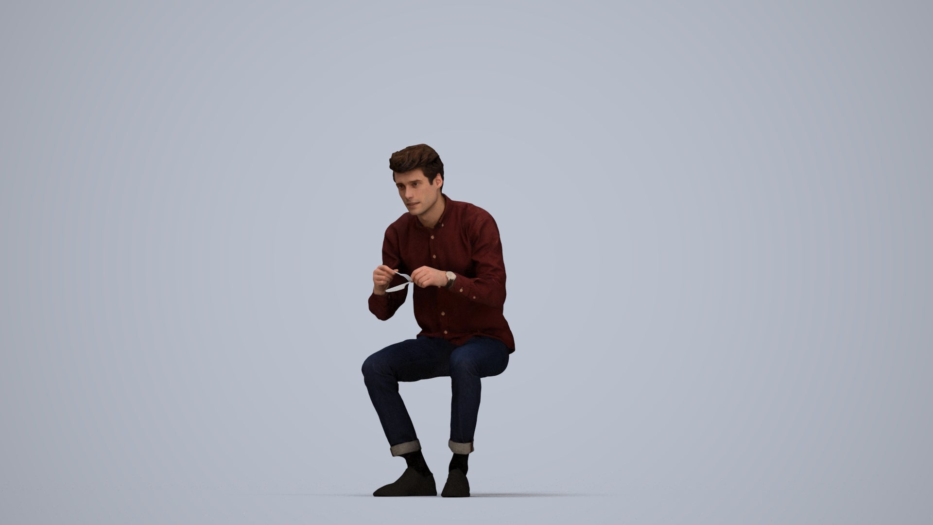 scanned 3D man casual sitting, photogrammetry people for Enscape and V-Ray, top-down view render