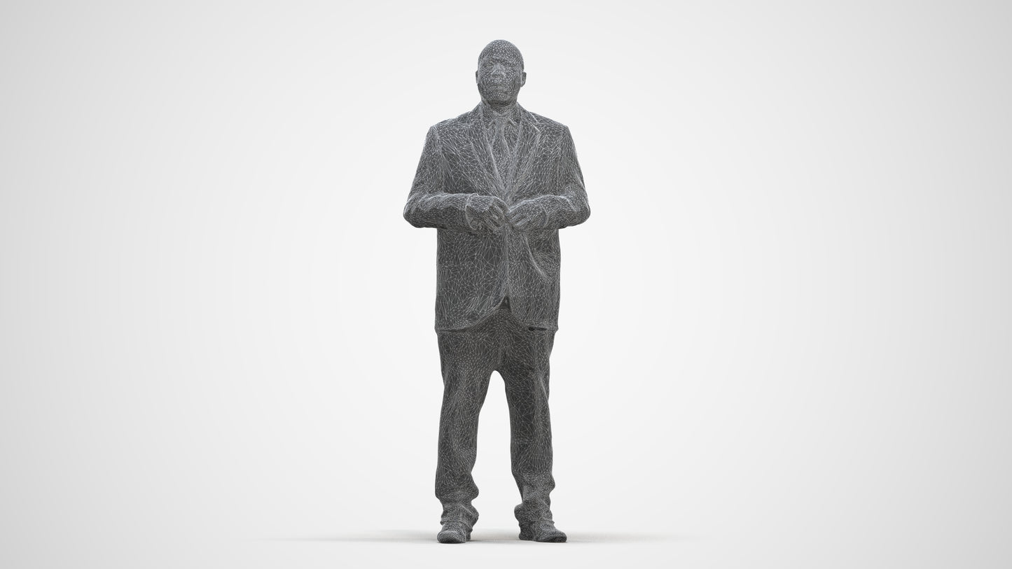 3D human model man business, photogrammetry scanned person for archviz, three-quarter front view render