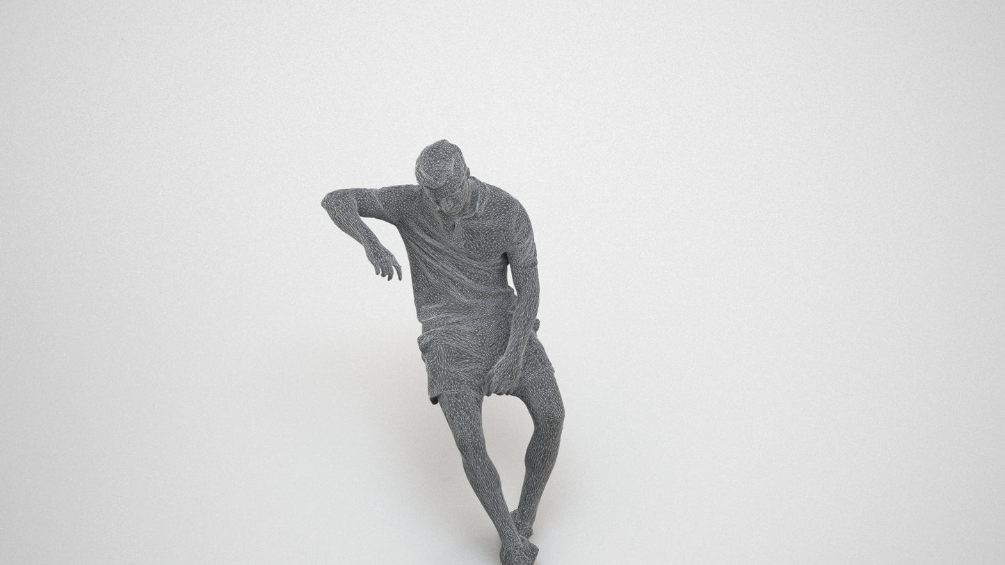 realistic 3D human man casual sitting, archviz people FBX OBJ for Blender, wireframe three-quarter view