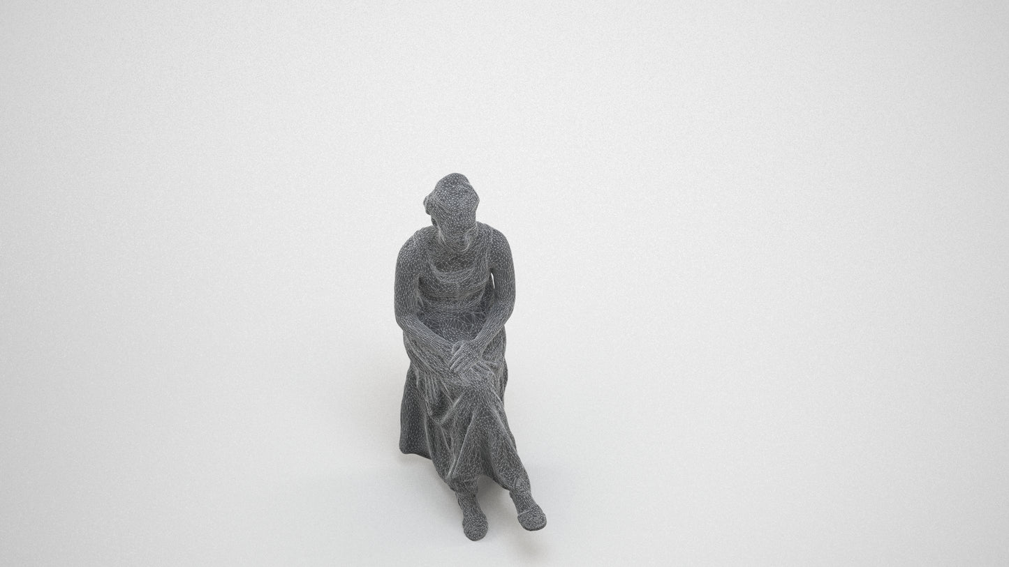 realistic 3D human woman casual sitting, archviz people FBX OBJ for Blender, wireframe three-quarter view