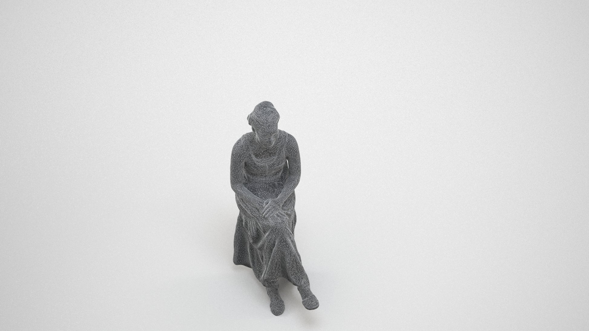 realistic 3D human woman casual sitting, archviz people FBX OBJ for Blender, wireframe three-quarter view