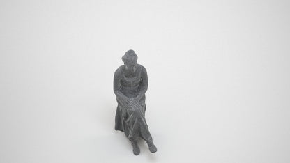 realistic 3D human woman casual sitting, archviz people FBX OBJ for Blender, wireframe three-quarter view