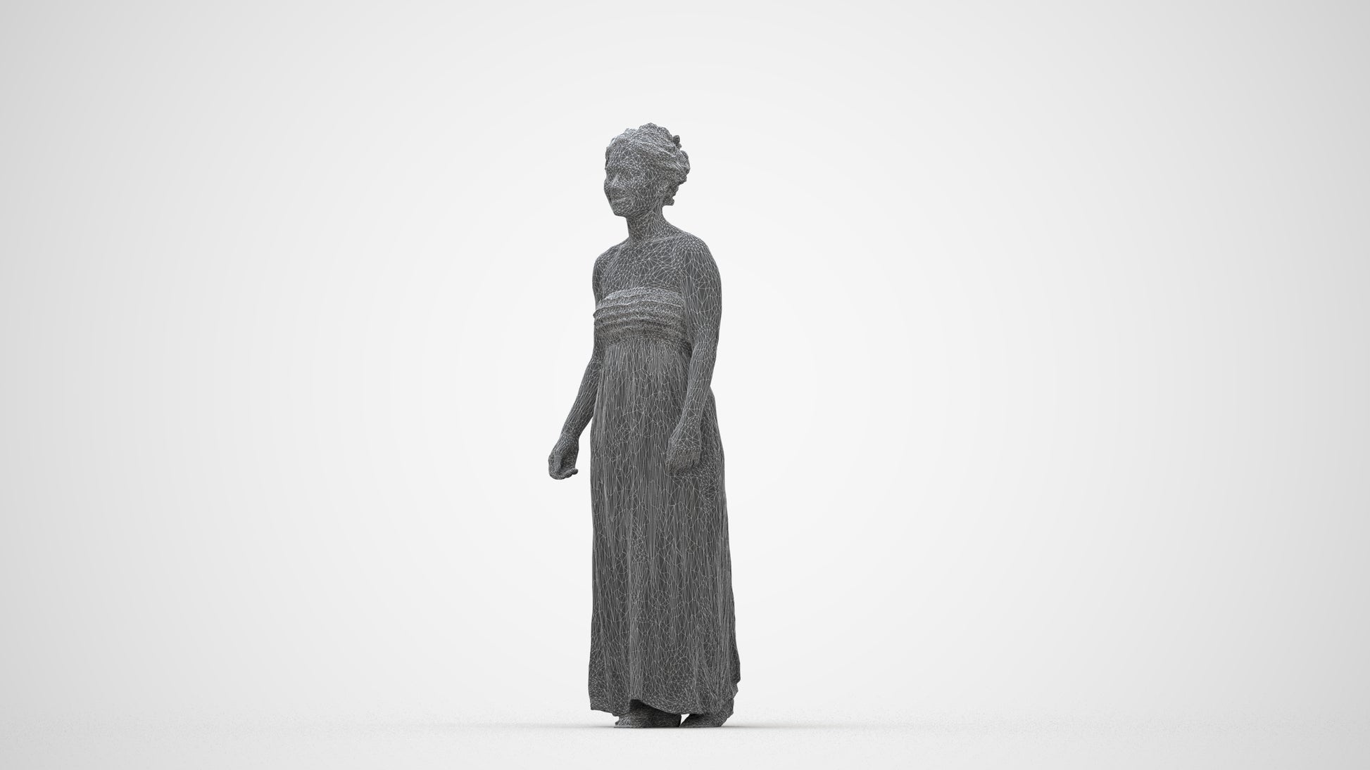 3D human model woman casual standing, photogrammetry scanned person for archviz, wireframe back view