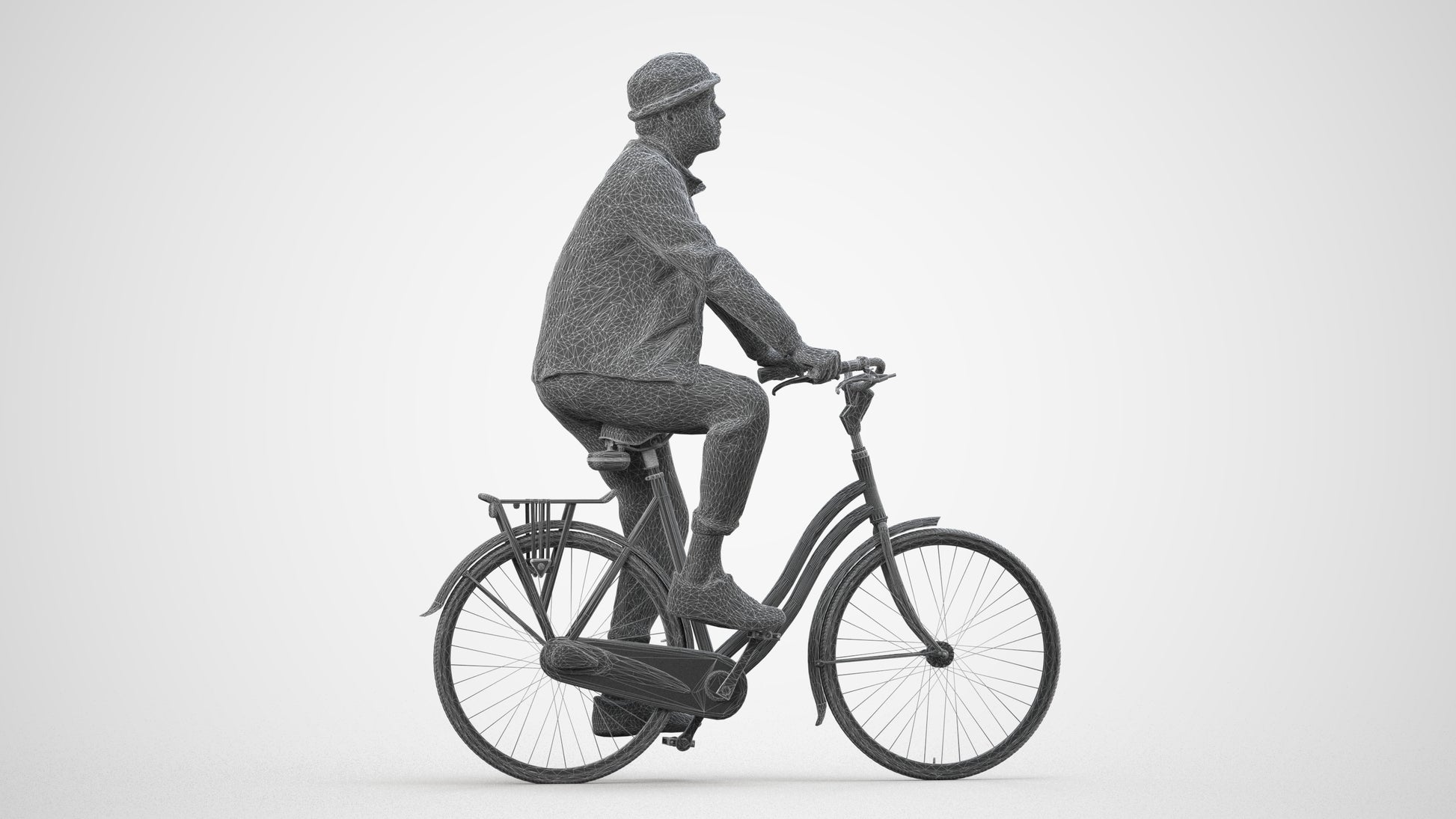 3D scanned man cycling casual, photorealistic archviz people for Enscape and SketchUp, wireframe side view