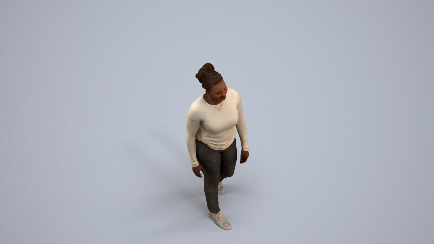 3D scanned woman walking casual, photorealistic archviz people for Enscape and SketchUp, back view render