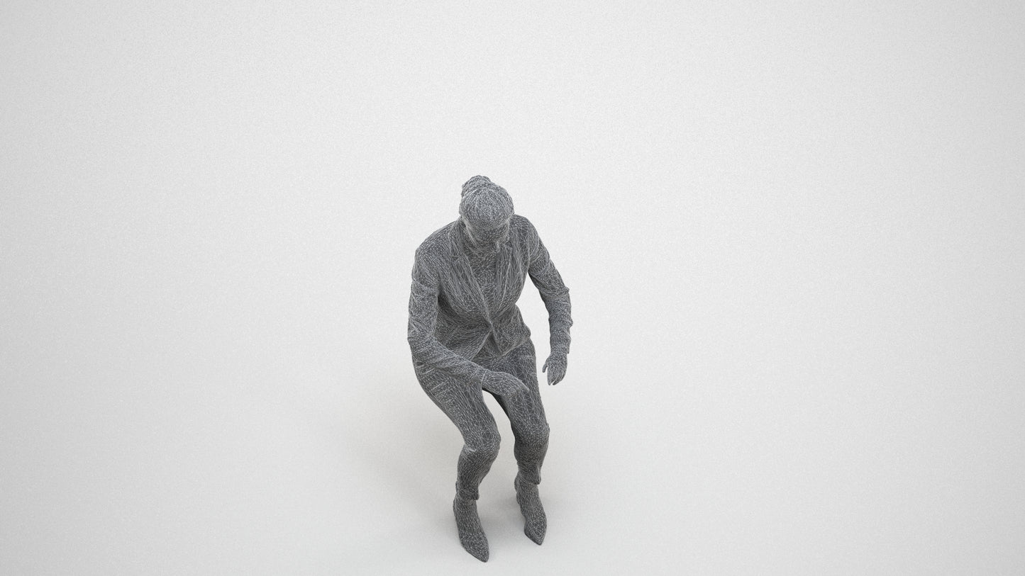 3D human model woman business, photogrammetry scanned person for archviz, wireframe three-quarter view