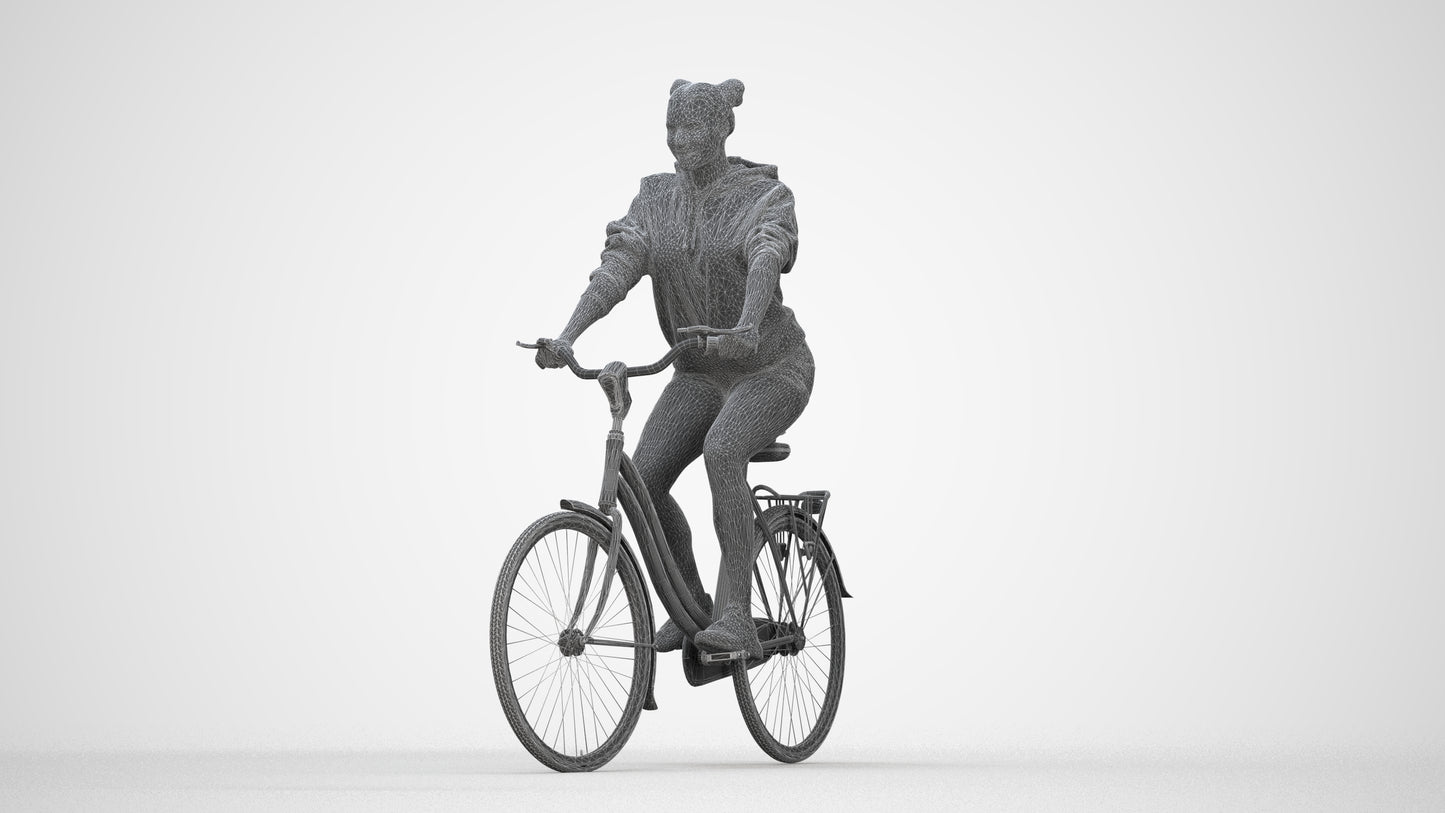 scanned 3D woman casual cycling, photogrammetry people for Enscape and V-Ray, wireframe back view