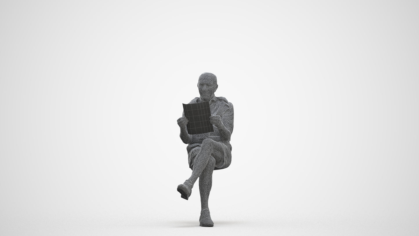realistic 3D people senior man casual sitting, render-ready for V-Ray and Corona, FBX OBJ, three-quarter front view render