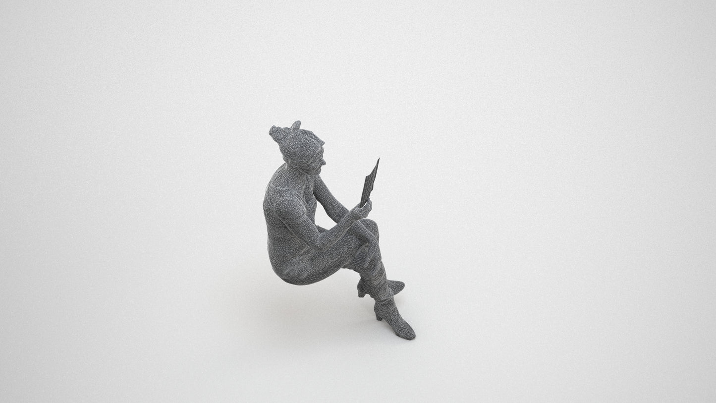 3D scanned senior woman sitting casual, photorealistic archviz people for Enscape and SketchUp, wireframe three-quarter view