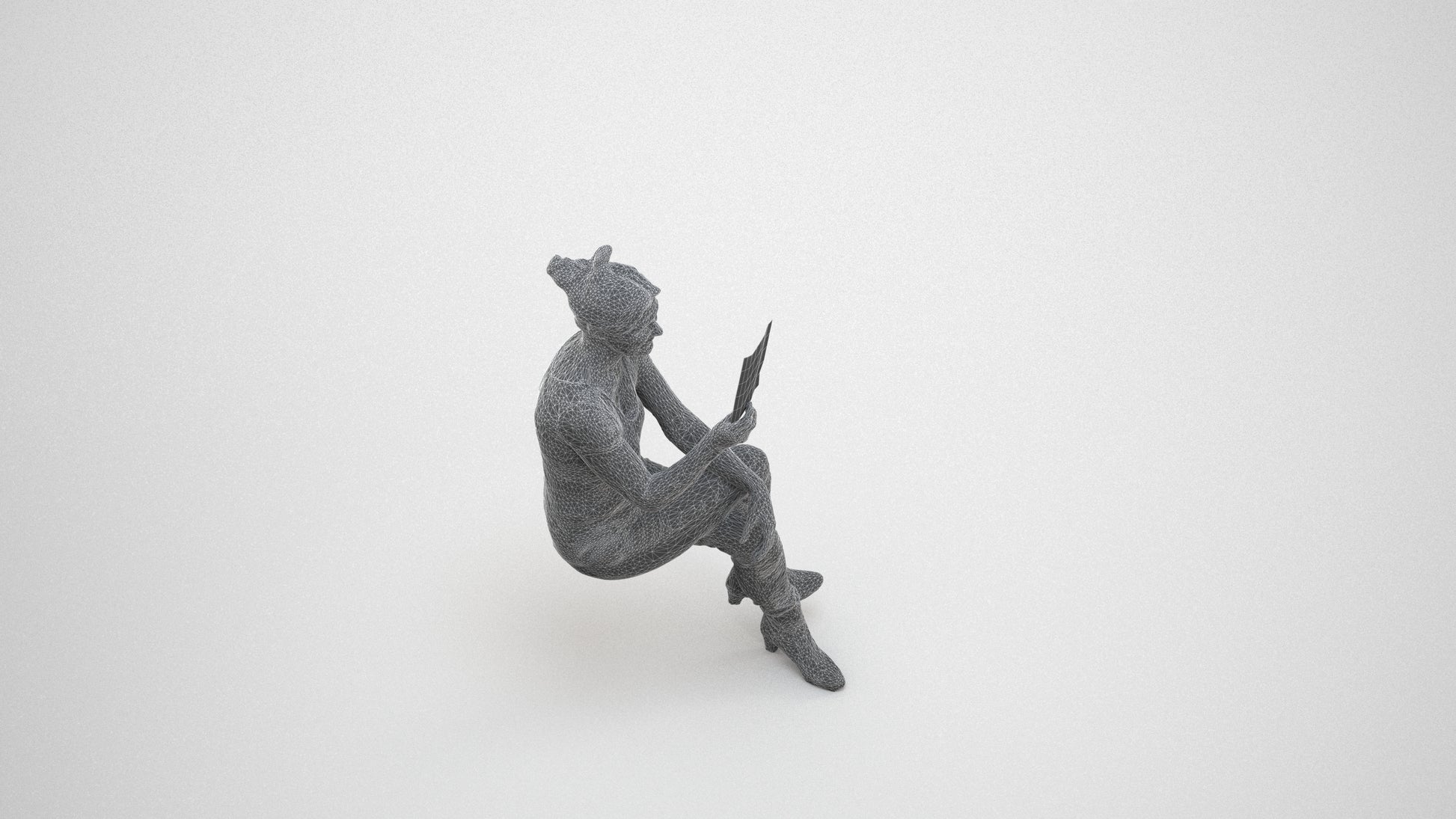 3D scanned senior woman sitting casual, photorealistic archviz people for Enscape and SketchUp, wireframe three-quarter view
