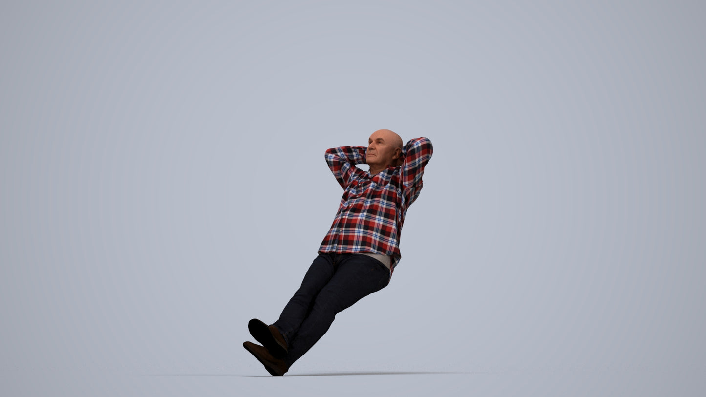 3D human model senior man casual sitting, photogrammetry scanned person for archviz, top-down view render