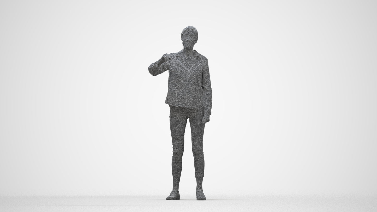 3D scanned senior woman standing casual, photorealistic archviz people for Enscape and SketchUp, wireframe back view