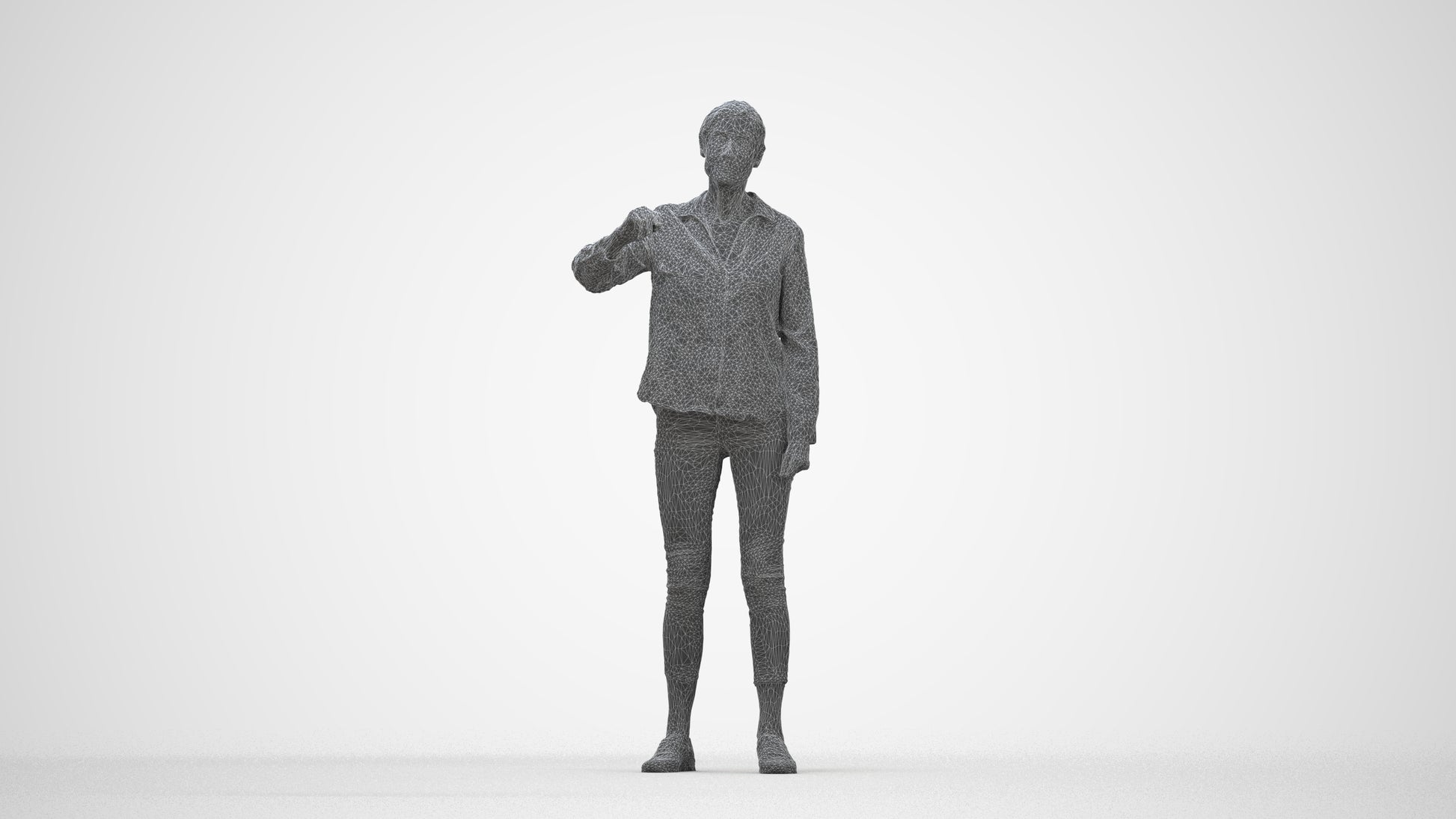 3D scanned senior woman standing casual, photorealistic archviz people for Enscape and SketchUp, wireframe back view