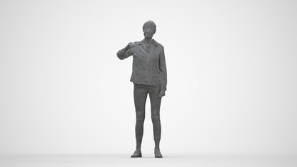 3D scanned senior woman standing casual, photorealistic archviz people for Enscape and SketchUp, wireframe back view