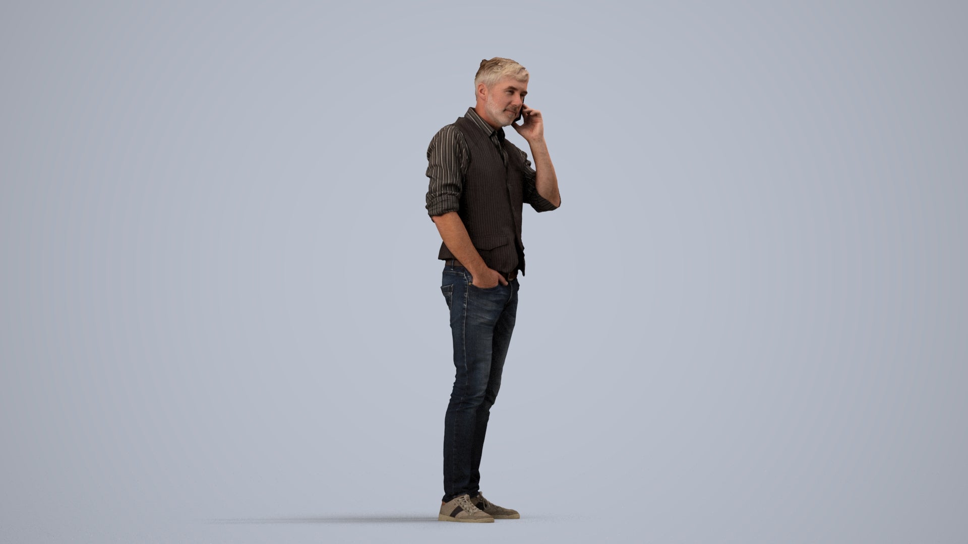 3D human model man casual standing, photogrammetry scanned person for archviz, side view render