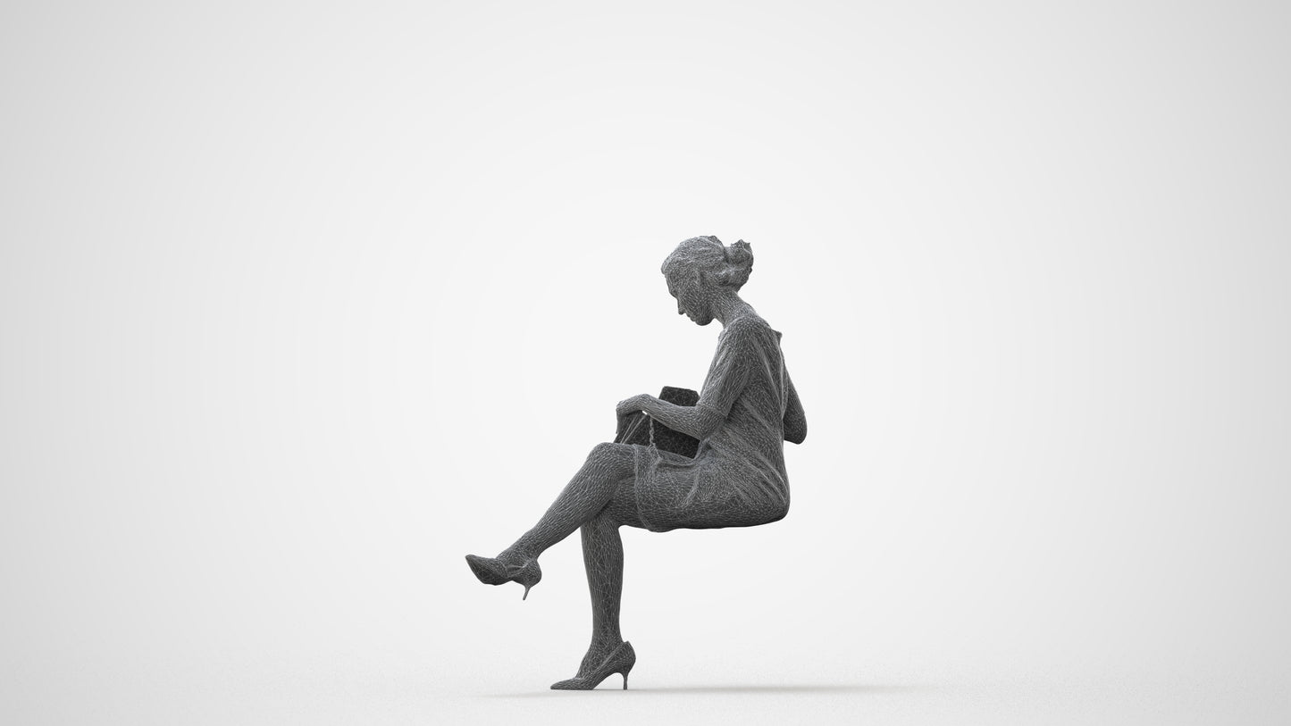 scanned 3D woman casual sitting, photogrammetry people for Enscape and V-Ray, square thumbnail