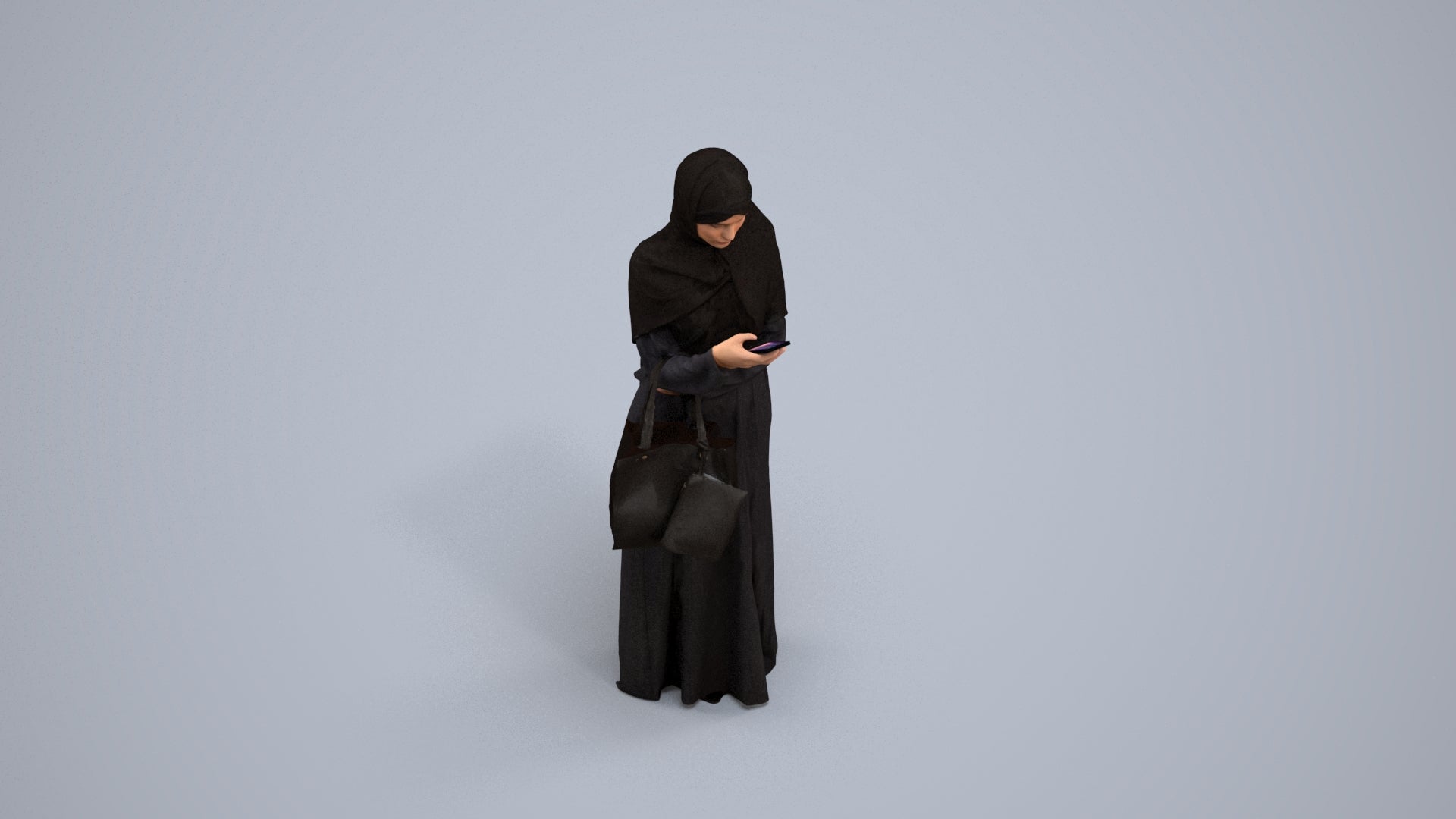 3D human model woman standing, photogrammetry scanned person for archviz, back view render