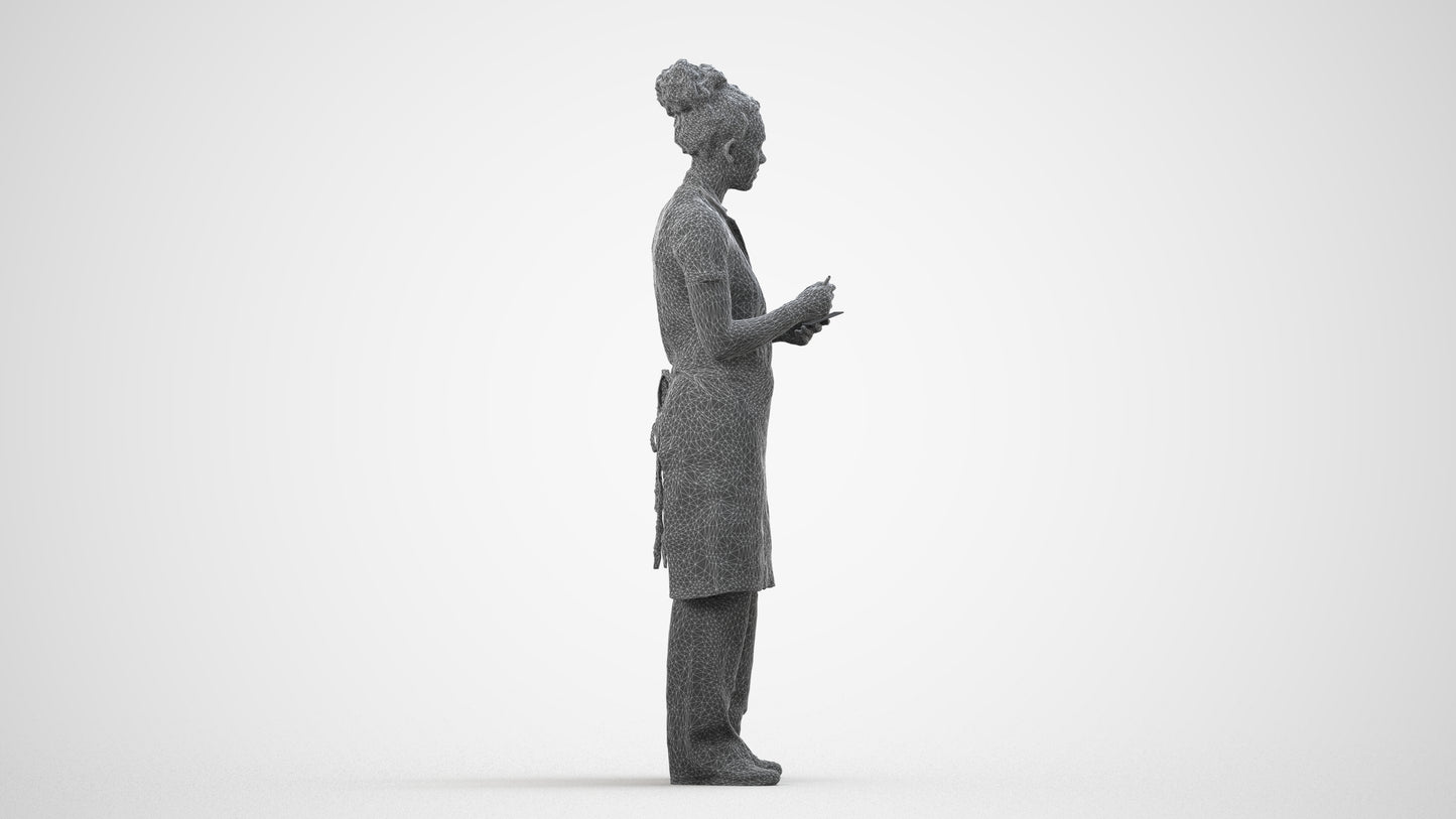 3D scanned woman hospitality, photorealistic archviz people for Enscape and SketchUp, wireframe side view