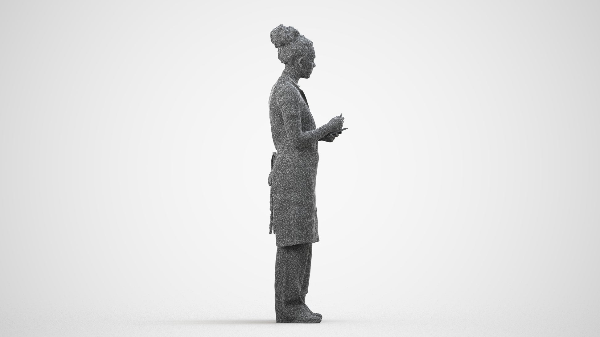 3D scanned woman hospitality, photorealistic archviz people for Enscape and SketchUp, wireframe side view