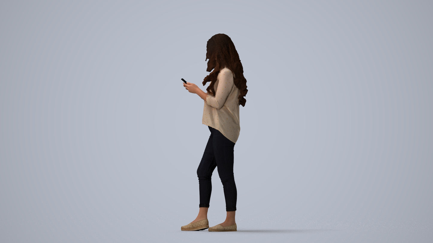 3D scanned woman walking, photorealistic archviz people for Enscape and SketchUp, three-quarter view render