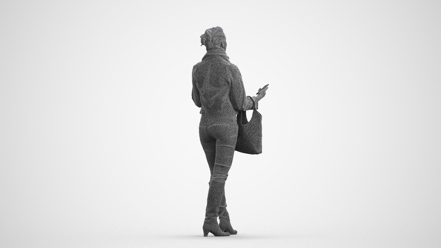 realistic 3D people woman casual standing, render-ready for V-Ray and Corona, FBX OBJ, wireframe front view