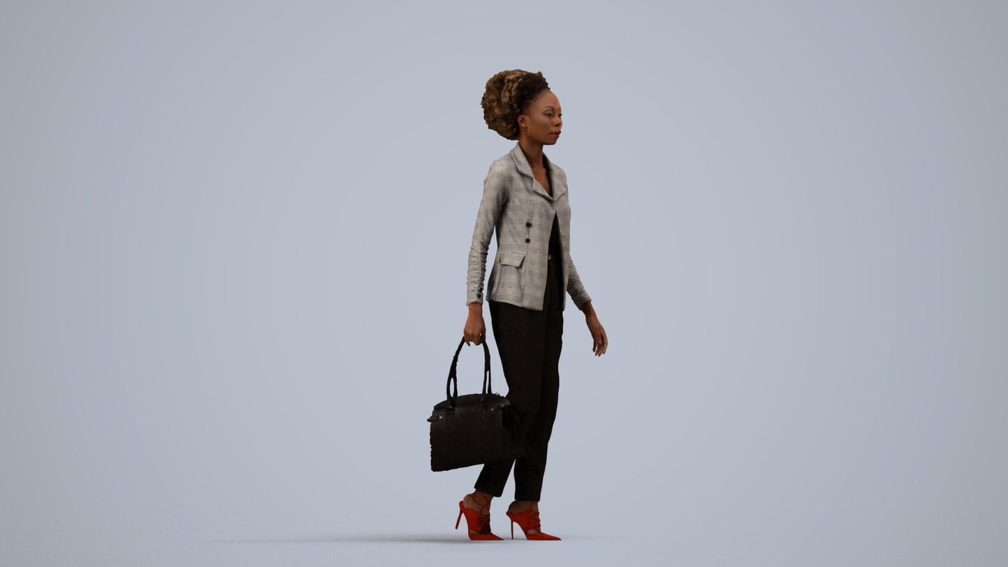 realistic 3D woman business walking, scanned archviz people for Blender and 3ds Max, side view render