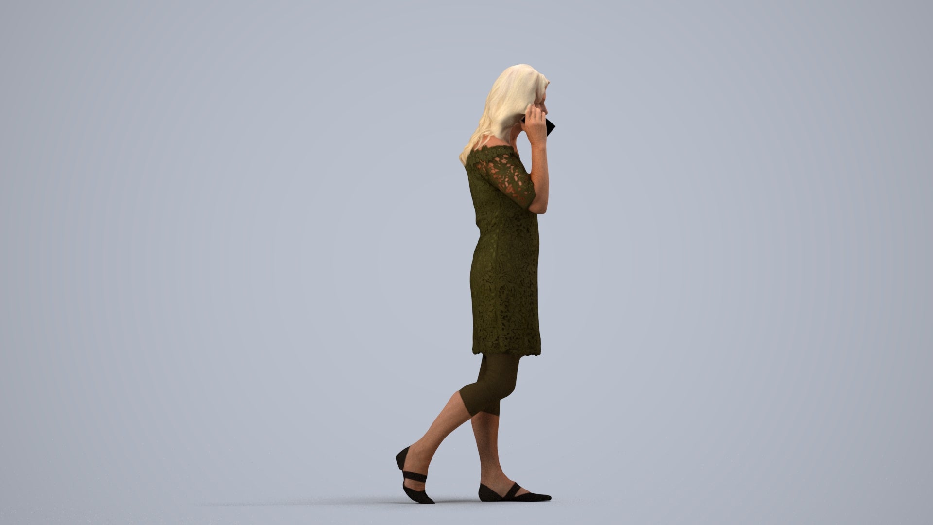 3D human model senior woman casual walking, photogrammetry scanned person for archviz, side view render
