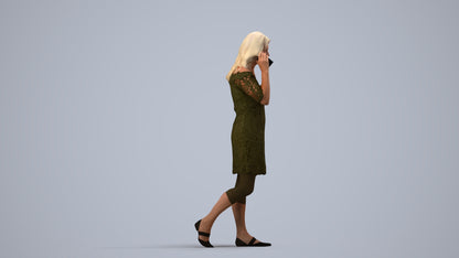 3D human model senior woman casual walking, photogrammetry scanned person for archviz, side view render