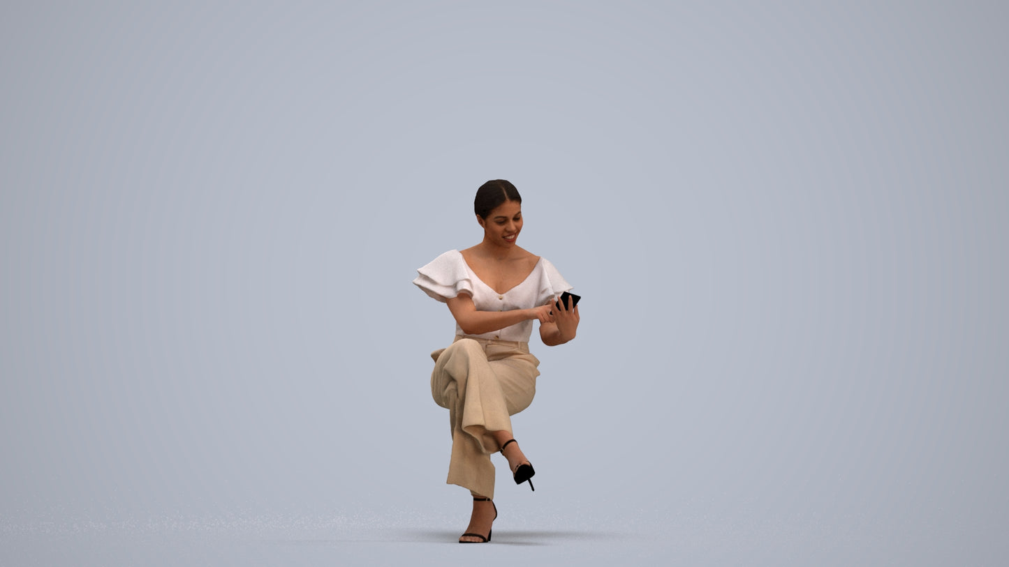3D scanned woman sitting business, photorealistic archviz people for Enscape and SketchUp, standing pose render