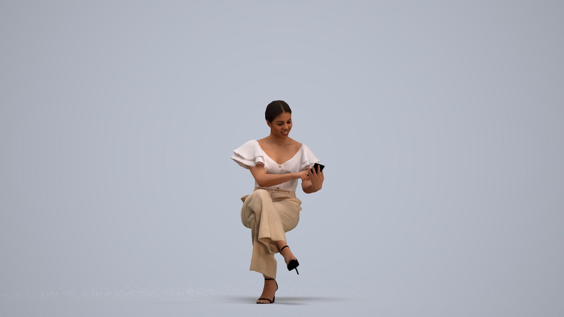 3D scanned woman sitting business, photorealistic archviz people for Enscape and SketchUp, standing pose render
