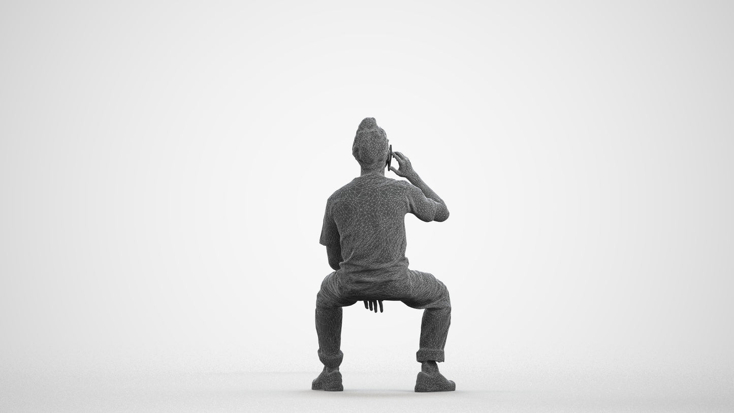 3D people model man casual sitting, scanned human for 3ds Max rendering, wireframe front view