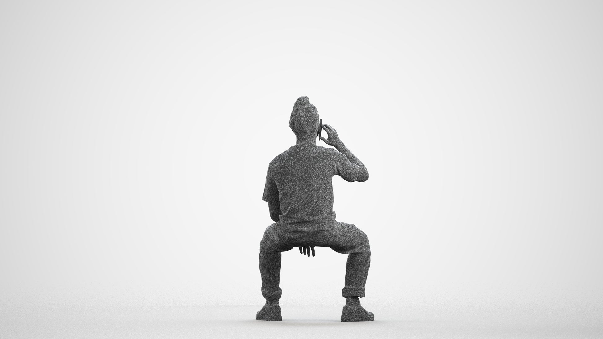 3D people model man casual sitting, scanned human for 3ds Max rendering, wireframe front view