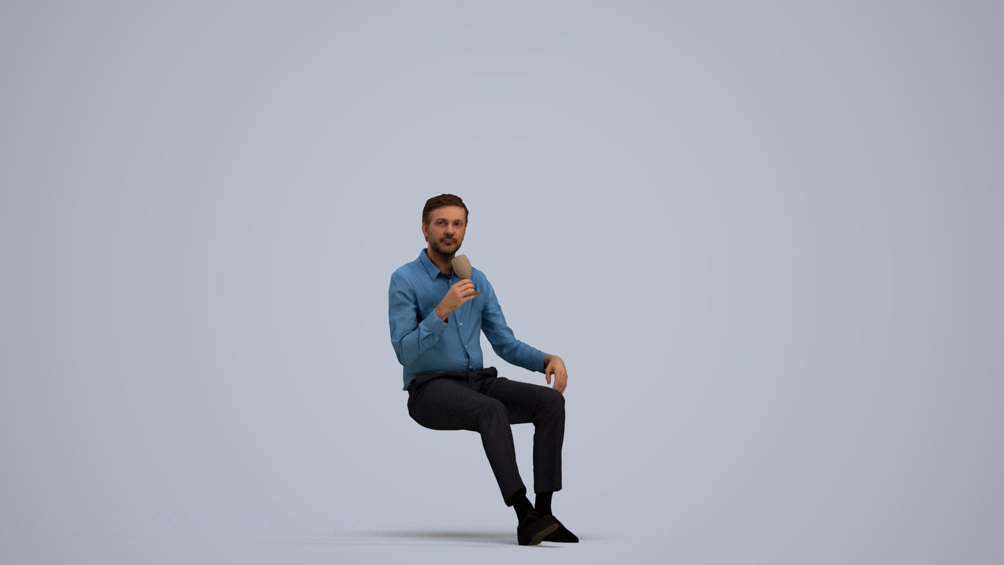3D human model man business sitting, photogrammetry scanned person for archviz, standing pose render